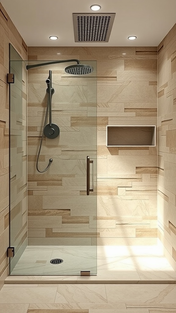 A modern walk-in shower featuring natural stone tiles with a minimalist design.