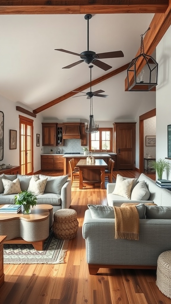 A rustic living room featuring an open concept layout with wooden beams, cozy furniture, and a warm atmosphere.