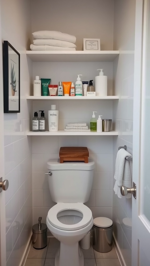 Open shelving in a small bathroom displaying towels and various toiletries.