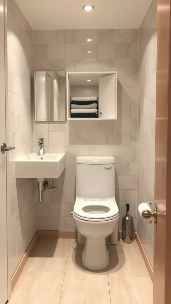 A modern tiny bathroom with a wall-mounted sink and compact toilet.