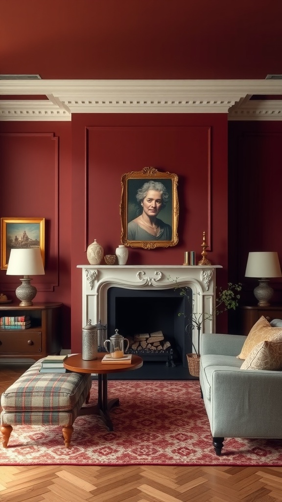 A cozy living room with burgundy walls, vintage decor, and a warm atmosphere.