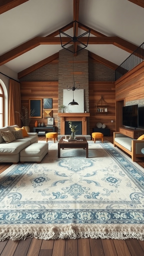 A spacious rustic living room featuring an oversized area rug, a wooden ceiling, and comfortable seating.