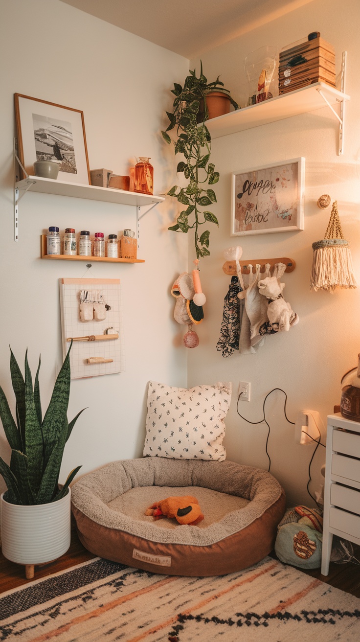 Cozy pet corner with a bed, toys, and decorative items.