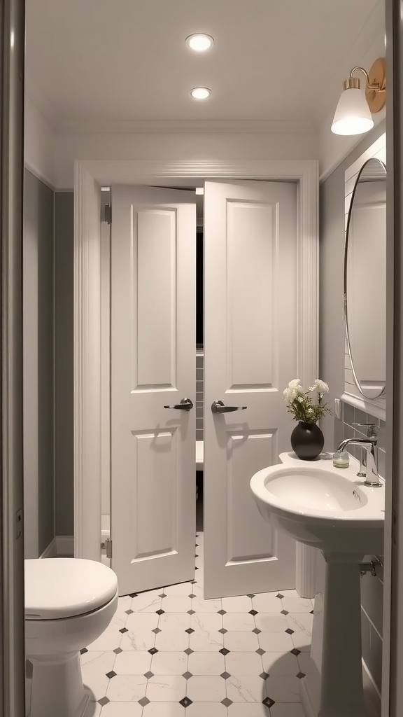 A small bathroom featuring pocket doors that slide into the wall, a round mirror, and simple decor.