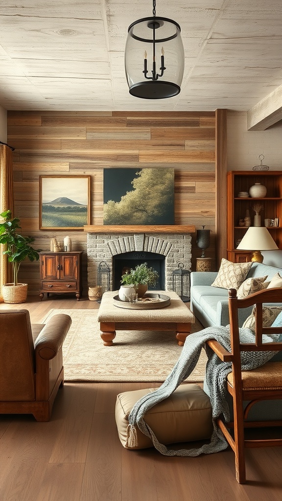 Cozy rustic living room featuring reclaimed wood furniture and decor.