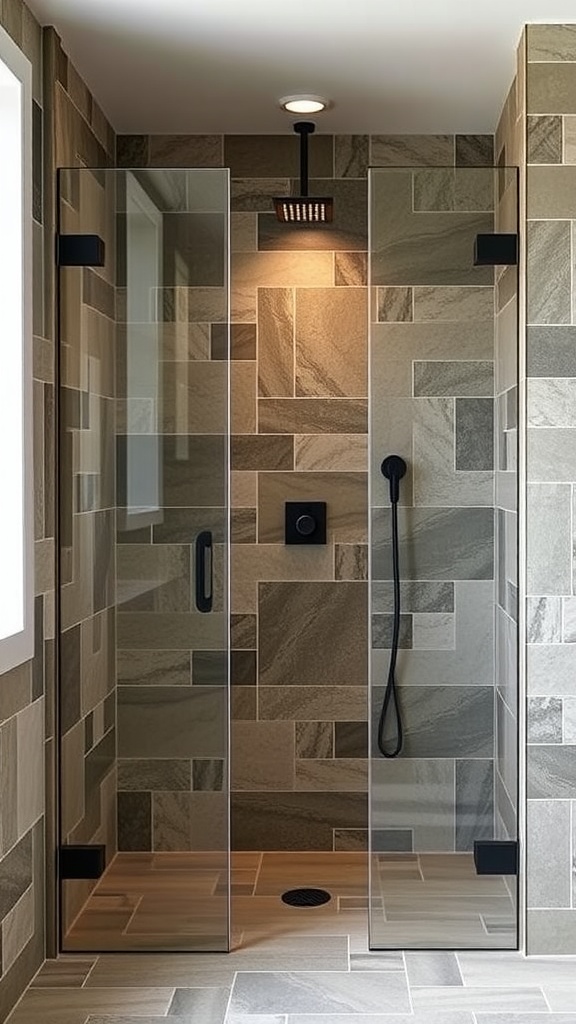 A modern walk-in shower featuring an eco-friendly design with recycled tiles.