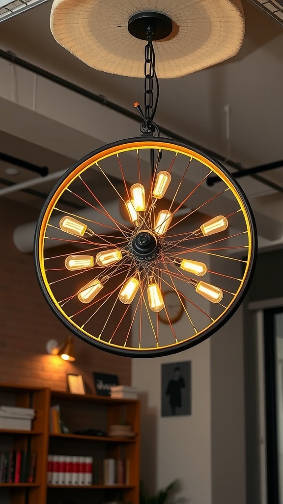 A chandelier made from a bicycle wheel with warm light bulbs, hanging in a modern interior.