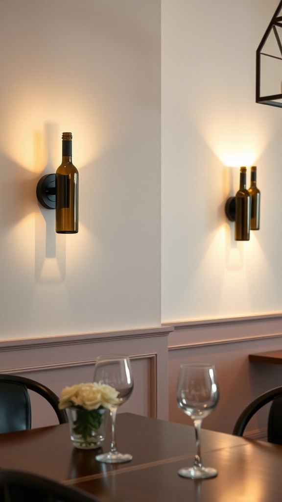 Stylish sconces made from repurposed wine bottles on a wall.