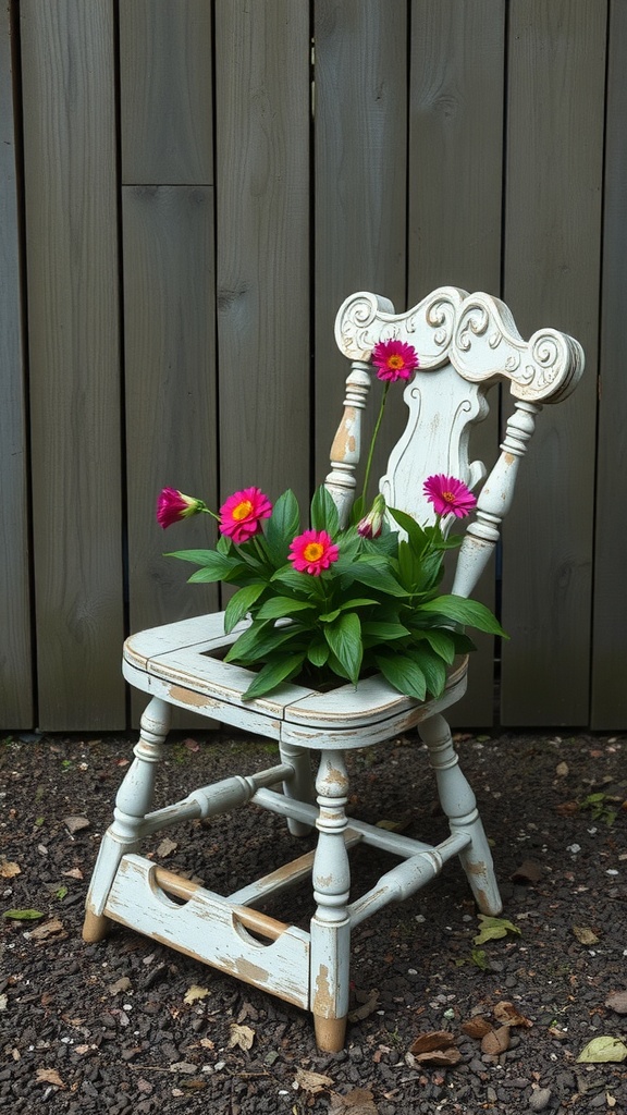 A weathered chair with colorful flowers planted in it, set against a wooden background.