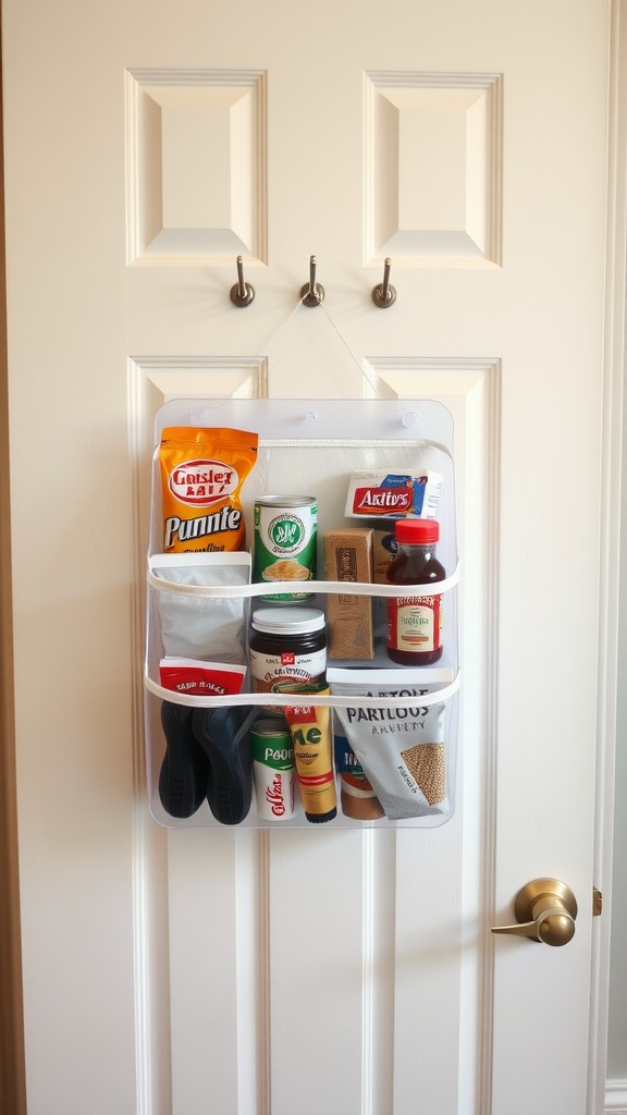 Clear shoe organizer filled with pantry items hanging on a door.