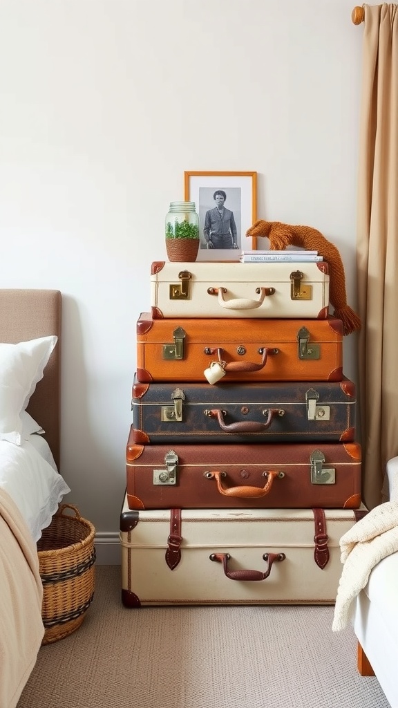 A stack of vintage suitcases used for storage next to a bed, with decor items on top.