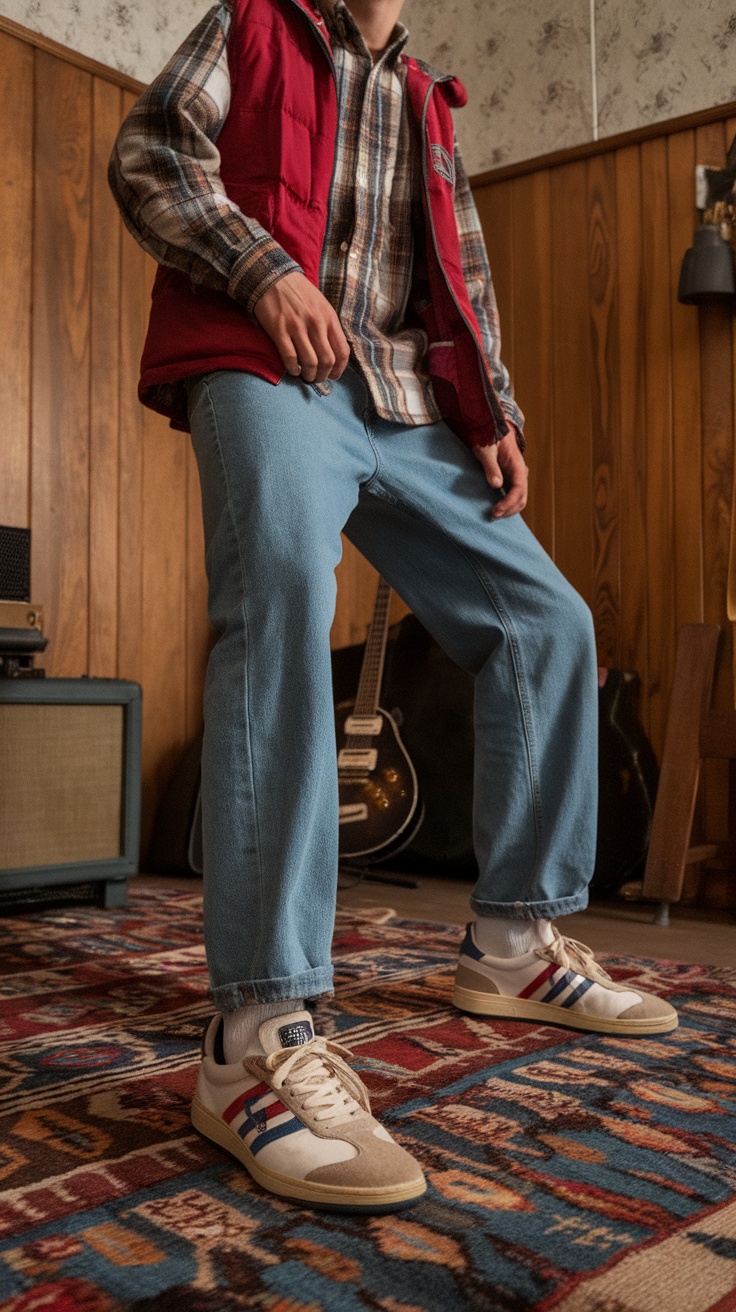 Teenage guy wearing vintage sneakers, relaxed jeans, and a flannel shirt in a cozy setting.