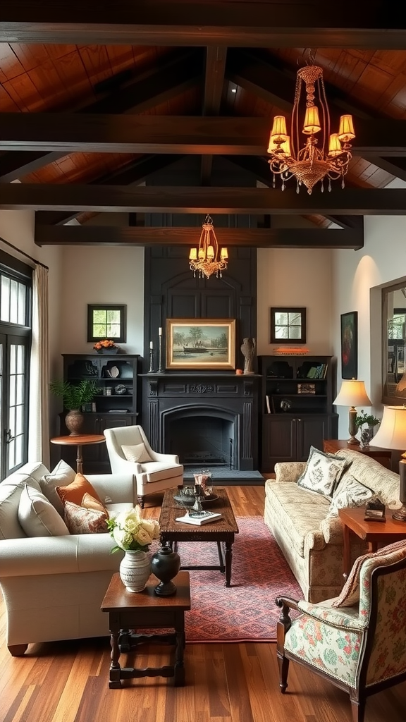 A cozy living room with dark wood accents, featuring comfortable seating and a warm atmosphere.