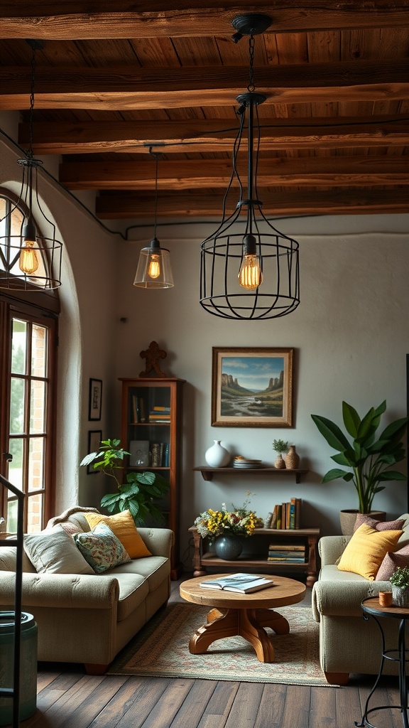 Cozy rustic living room with warm lighting fixtures