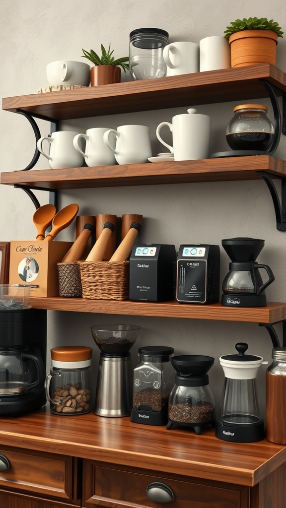 Rustic wooden shelves displaying coffee essentials and mugs