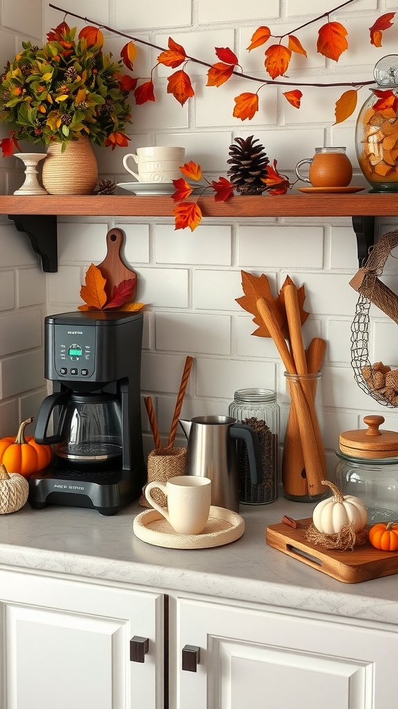 A cozy coffee station decorated for fall with pumpkins, autumn leaves, and warm dishware.