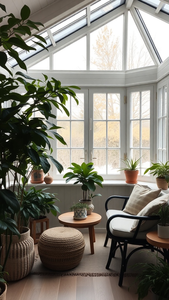 A cozy sunroom filled with plants and natural light.