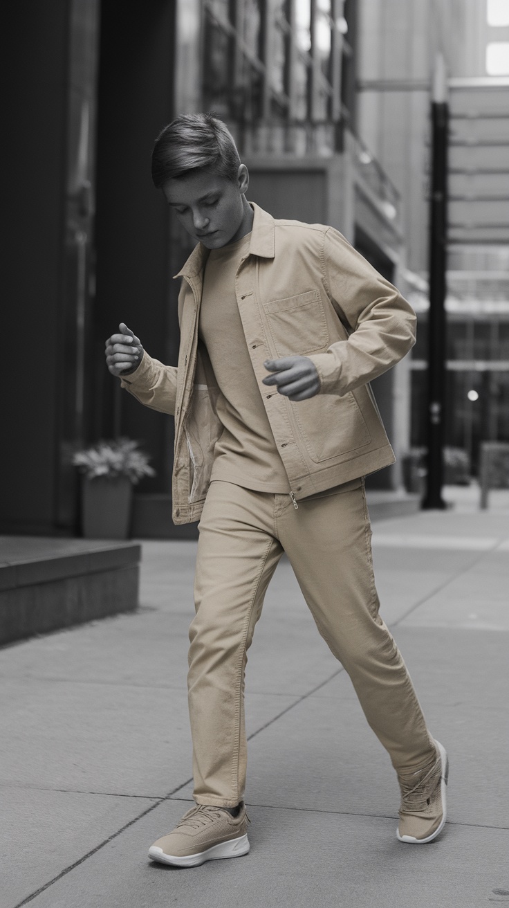 A teenage boy wearing a monochromatic beige outfit, walking confidently in an urban setting.