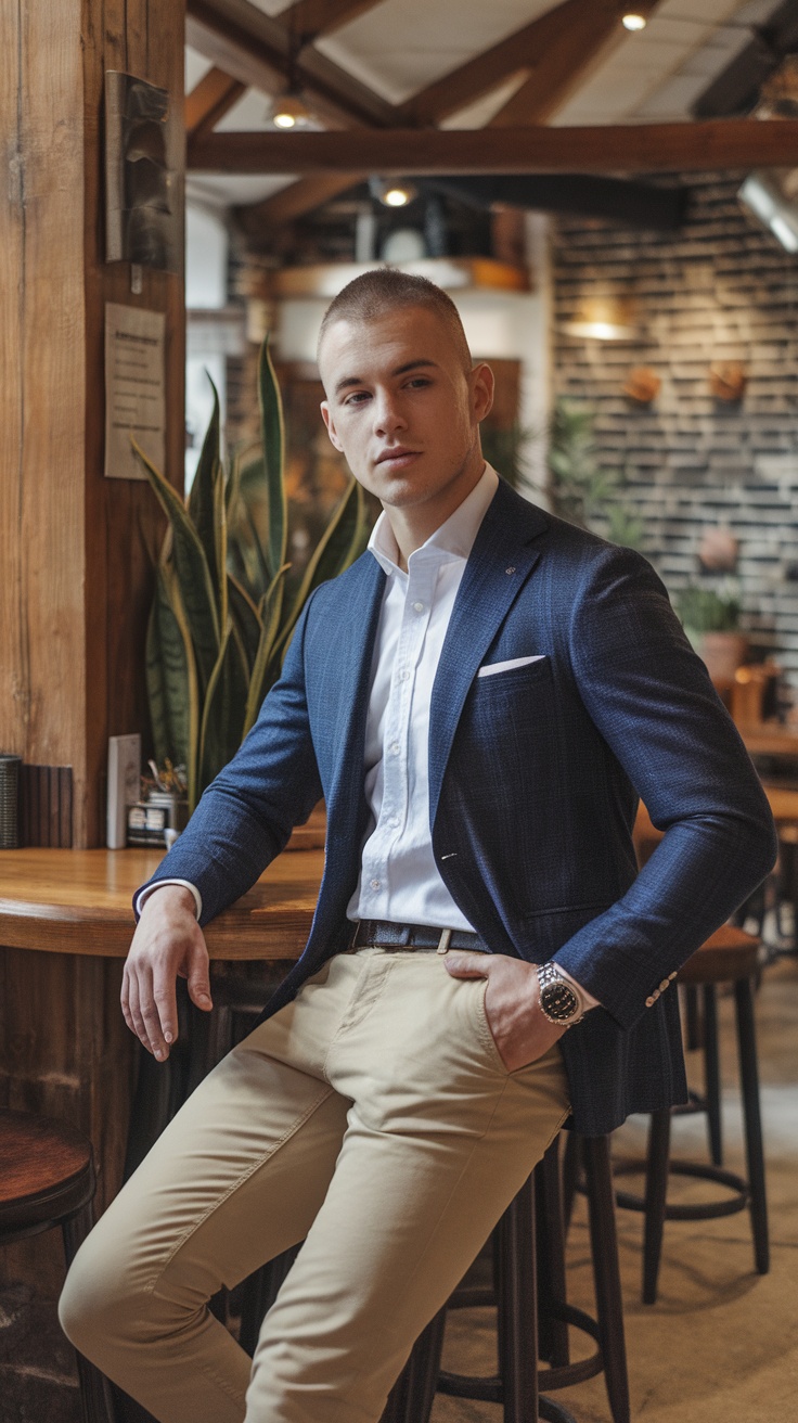 A young man dressed in smart casual attire featuring chinos and a blazer, posing in a modern cafe.