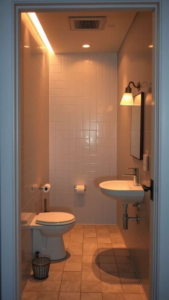 A small bathroom with warm lighting and a modern design.