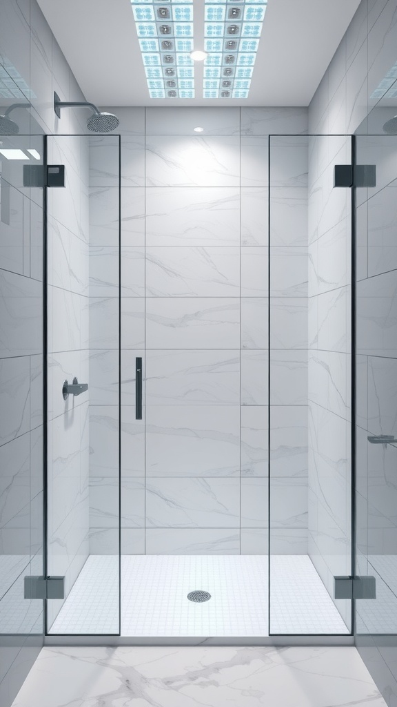 A modern walk-in shower with smart tile technology and sleek design.