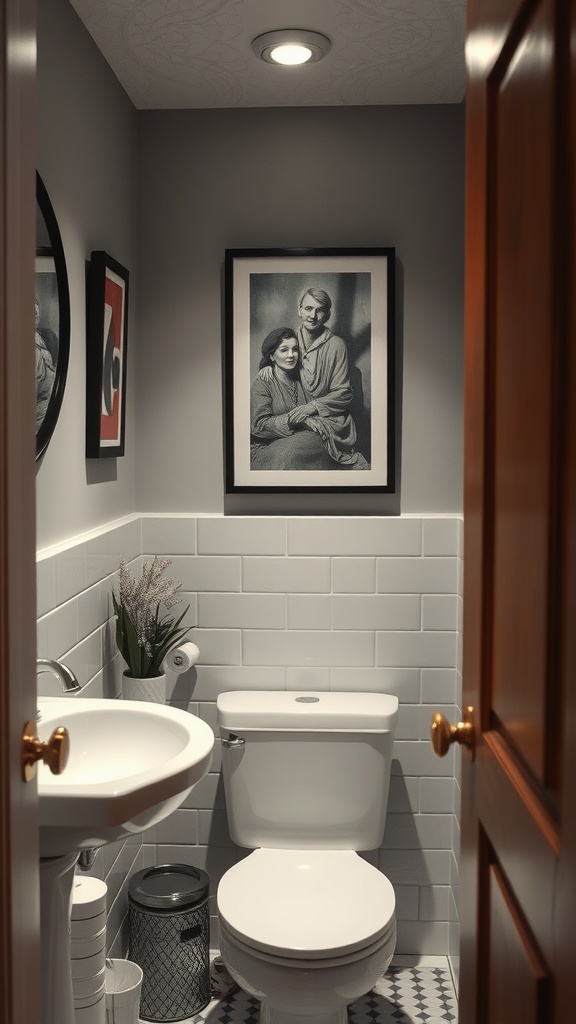 A small bathroom featuring a sink, toilet, and framed artwork on the wall.