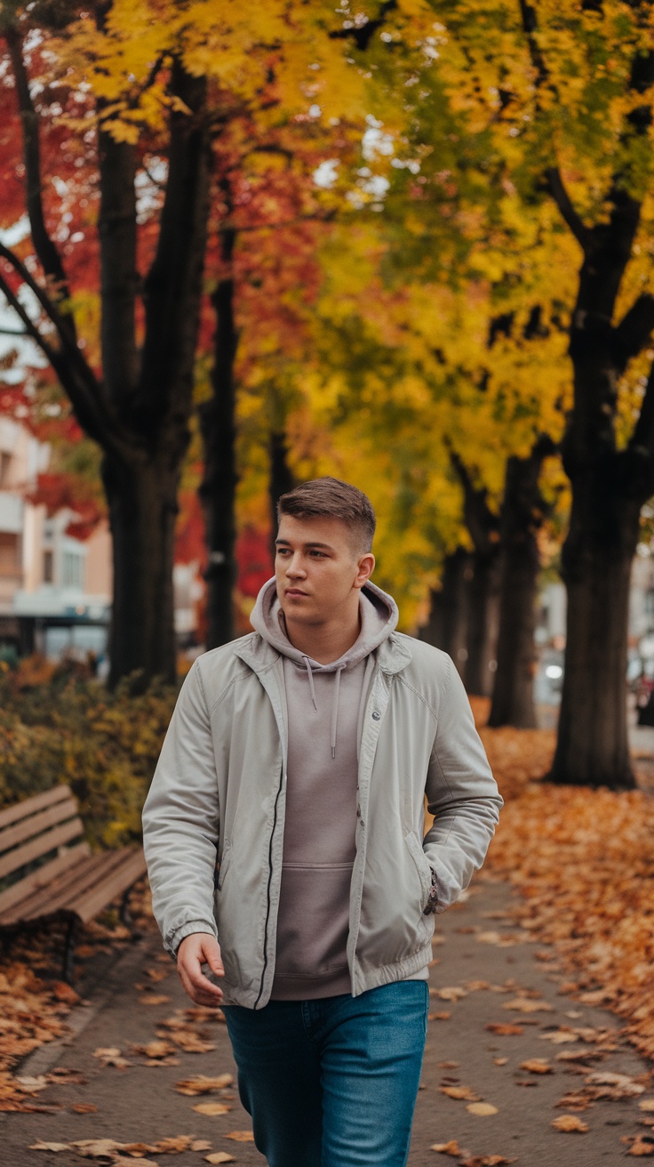 A teenage guy walking on a street lined with trees in fall colors, wearing a lightweight jacket over a hoodie.