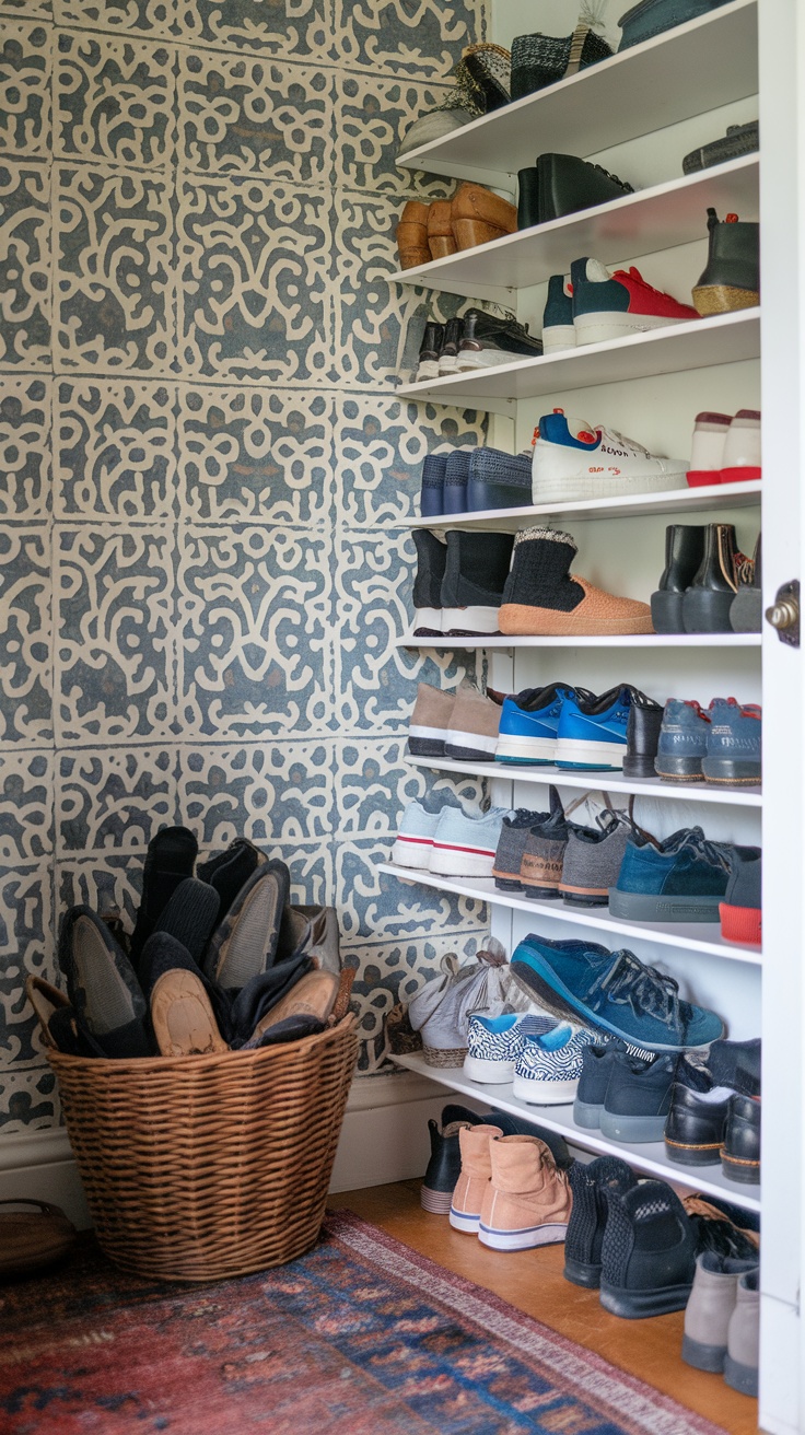 A stylish shoe storage area featuring shelves with various shoes and a wicker basket filled with more shoes.