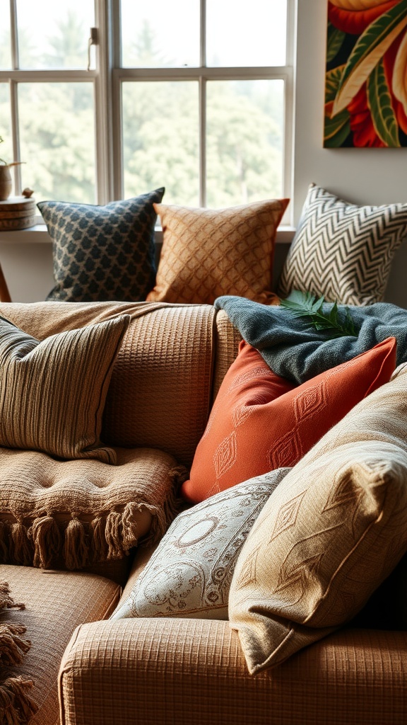 A cozy living room setup with various textured cushions in warm colors.