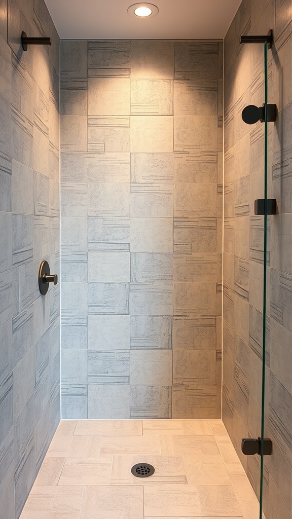 A walk-in shower featuring textured gray tiles and sleek black fixtures.