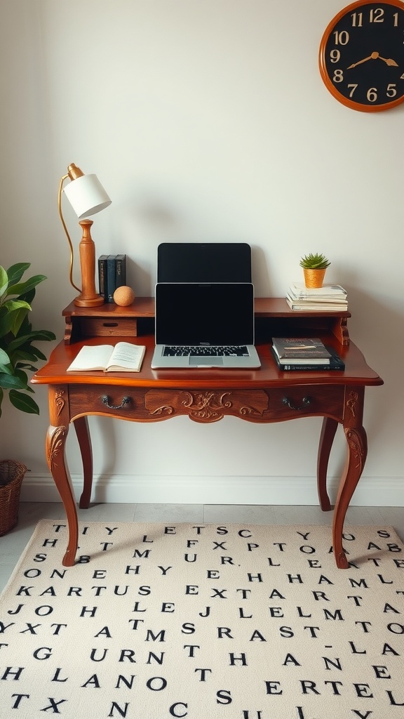 A transformed old table serving as a chic desk with a laptop, books, and a lamp.