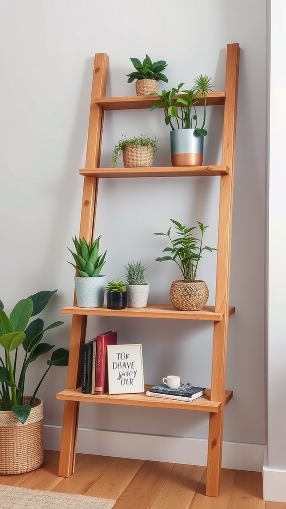 A decorative ladder shelf with plants and books, showcasing upcycled furniture.