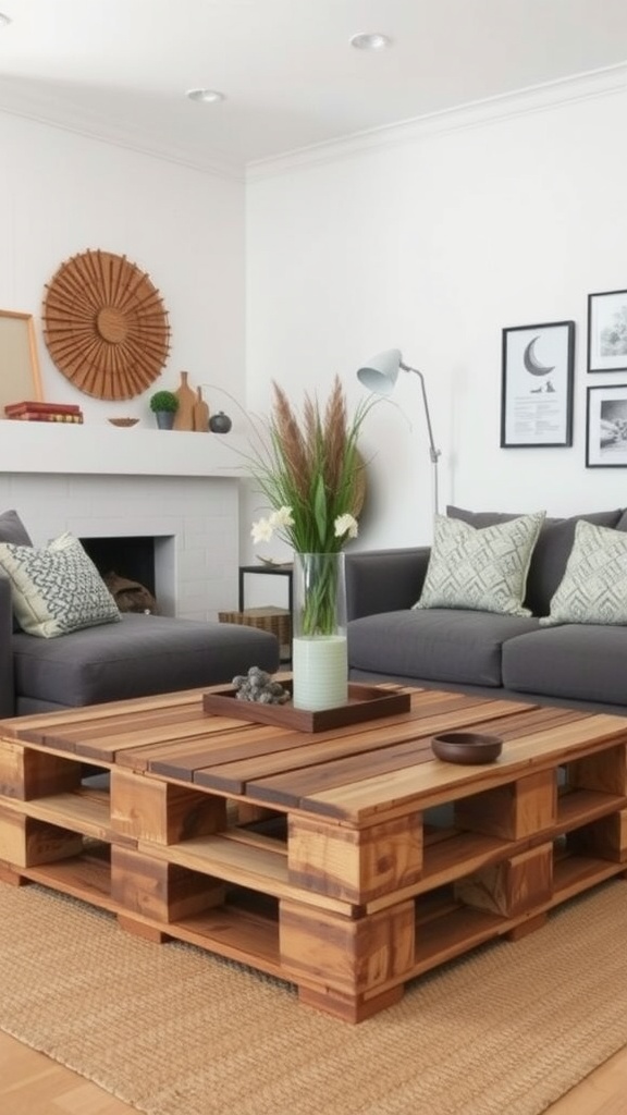 Stylish coffee table made from old pallets in a cozy living room setting