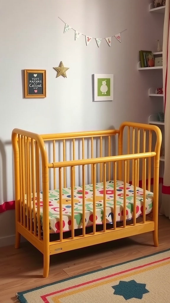 A yellow crib in a cheerful room, ready to be transformed into a playful bench.