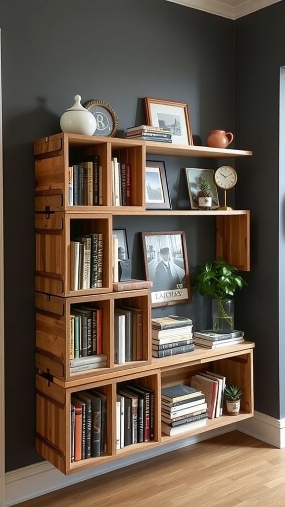 Wooden crates turned into a stylish shelving unit displaying books, plants, and decor.