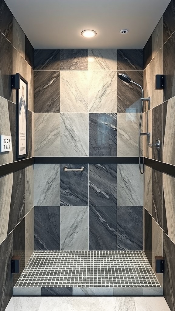 A walk-in shower featuring contrasting two-tone tile designs in gray and black.