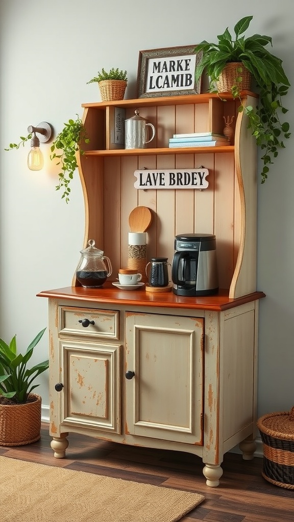 An upcycled coffee station made from a vintage cabinet, featuring plants and decor.