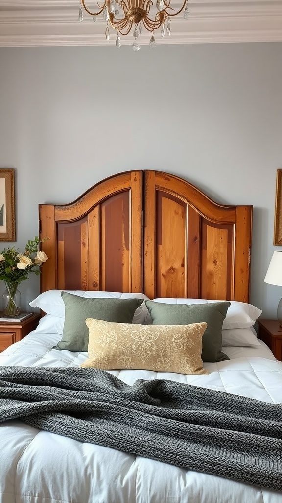 A headboard made from upcycled wooden doors, featuring a cozy bed setup with decorative pillows and a blanket.