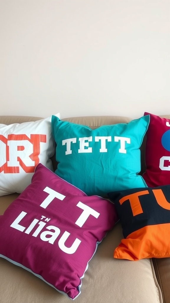Colorful decorative pillows made from old t-shirts on a sofa.
