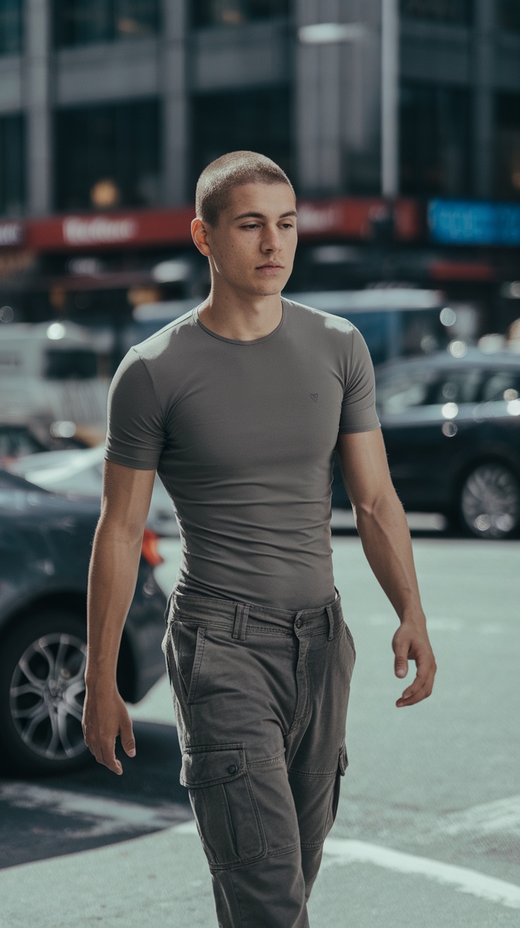 Teenage guy walking in cargo pants and fitted tee in an urban setting.