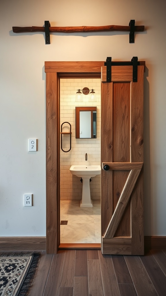 A sliding barn door leading to a small bathroom, showcasing a stylish and space-saving design.