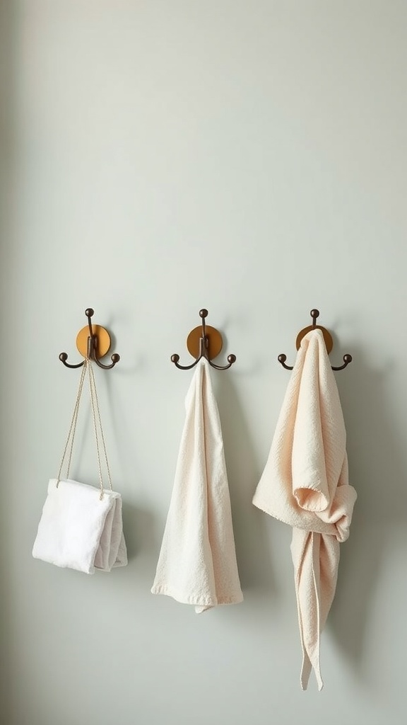 Three decorative hooks on a light wall, displaying towels and a robe.
