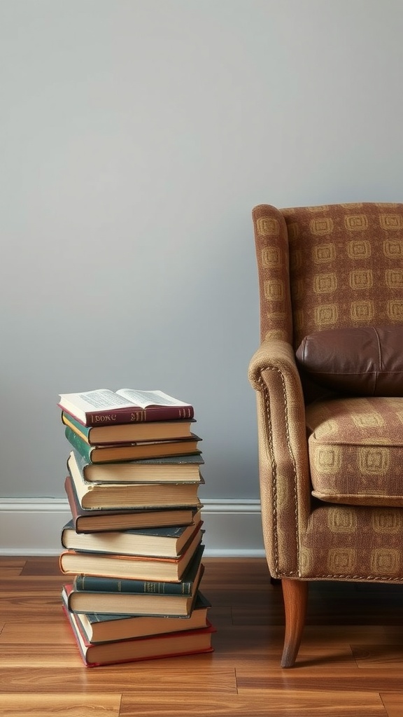 A stack of old books used as a side table next to a cozy armchair.