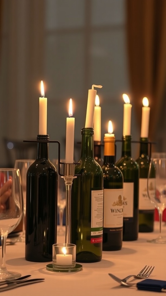 Wine bottles used as candle holders with lit candles on a table setting.