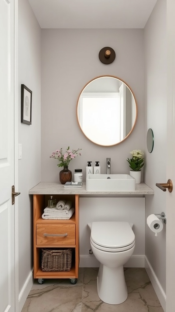 A small bathroom featuring a compact vanity with storage and a mirror.