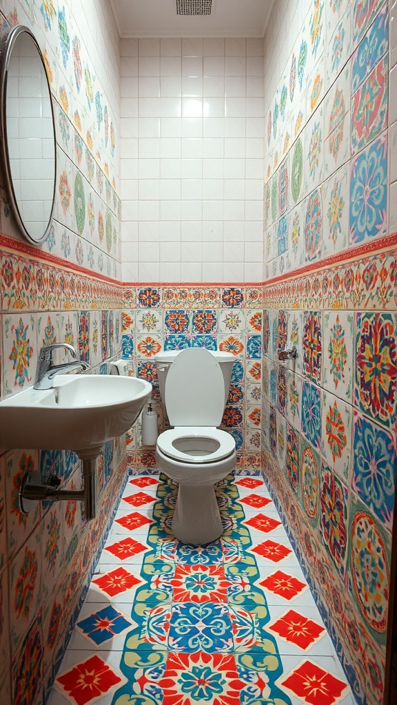 A small bathroom featuring colorful patterned tiles on the walls and floor.