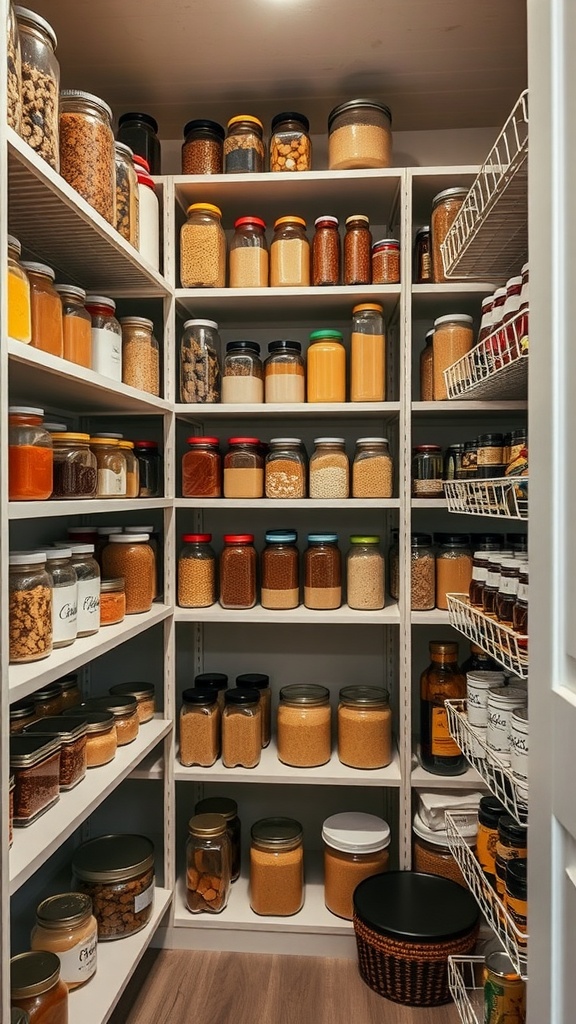 Organized pantry with tiered shelving displaying jars and containers.