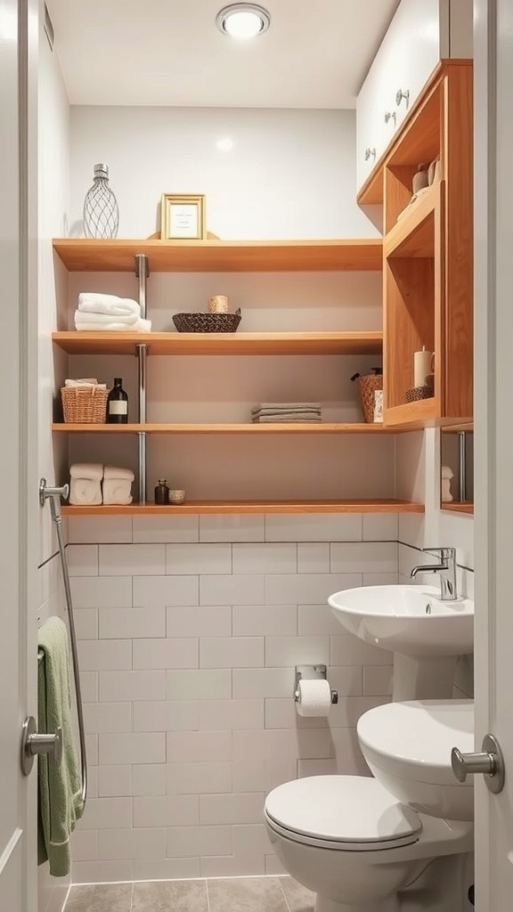 A small bathroom featuring wooden open shelves with neatly arranged towels and decorative items.