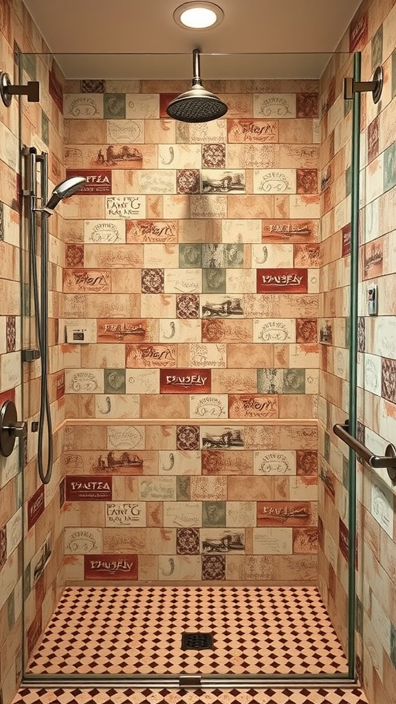 A walk-in shower featuring vintage tile design with nostalgic patterns and colors.
