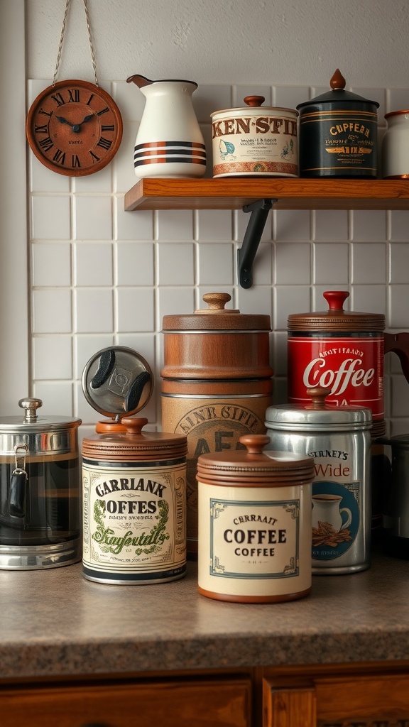 A display of vintage coffee canisters on a kitchen shelf